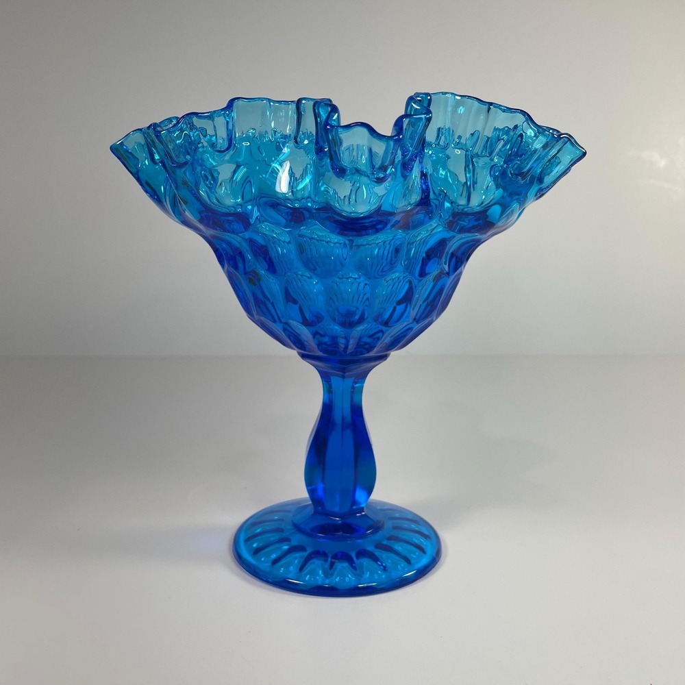 Fenton Large Blue Thumbprint Ruffled Edge Compot